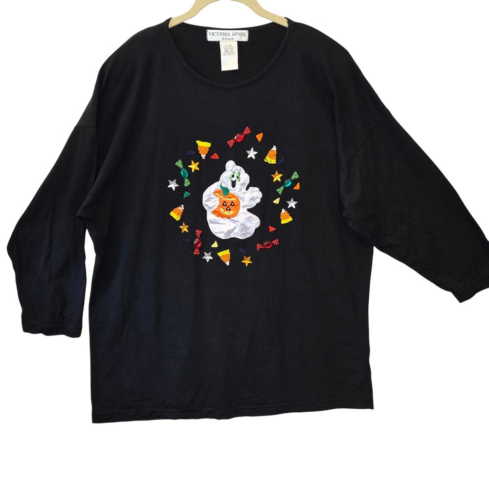 Victoria Jones Woman's 2X Halloween Ghost Pumpkin Beaded Top Black Cotton VTG